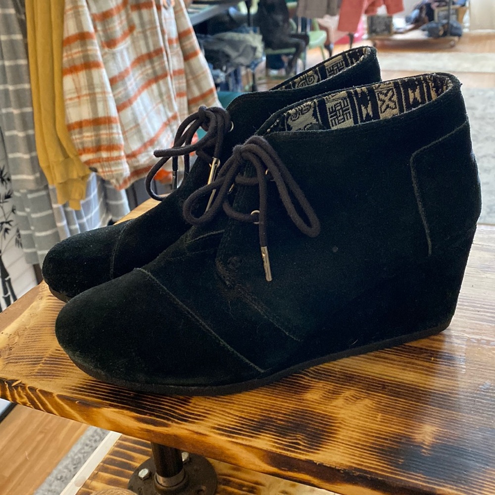 Tom’s Black Suede Wedge Booties